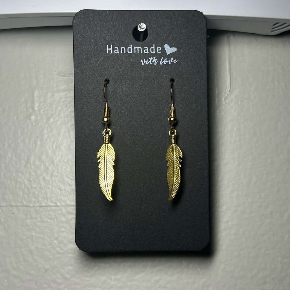 Gold Feather Dangle Earrings - Picture 2 of 3